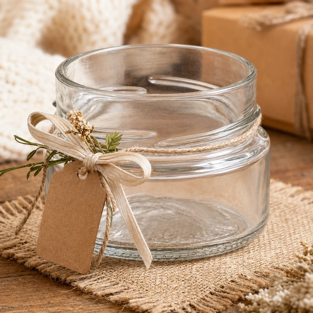 UNiTWIST Runda80 Rundglas 80ml TO58deep leeres Einmachglas mit Deckel und Schleifenband auf rustikalem Holztisch