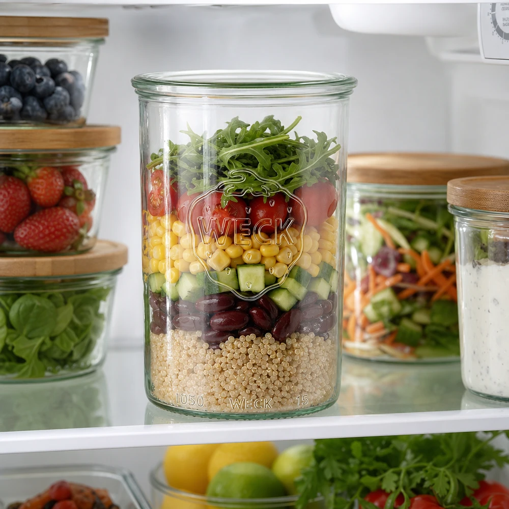 1000ml WECK Sturzglas RR100 mit Schichtensalat im Kühlschrank - Profi-Vorratsglas für Gastronomie und Großküchen