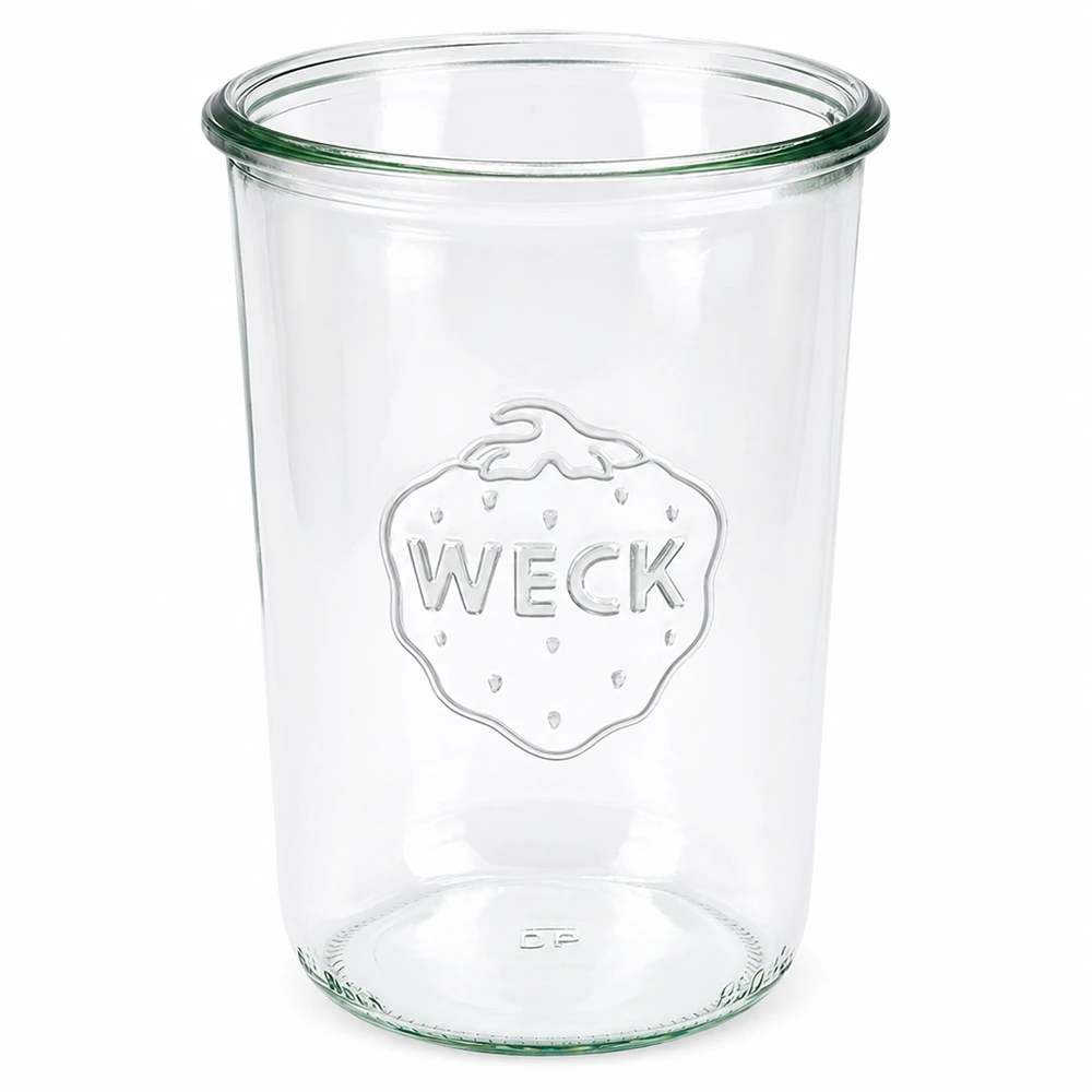 WECK Sturzglas 850ml RR100 aus klarem Glas mit eingraviertem Logo und grünem Glasrand für Einmachen und Vorratshaltung