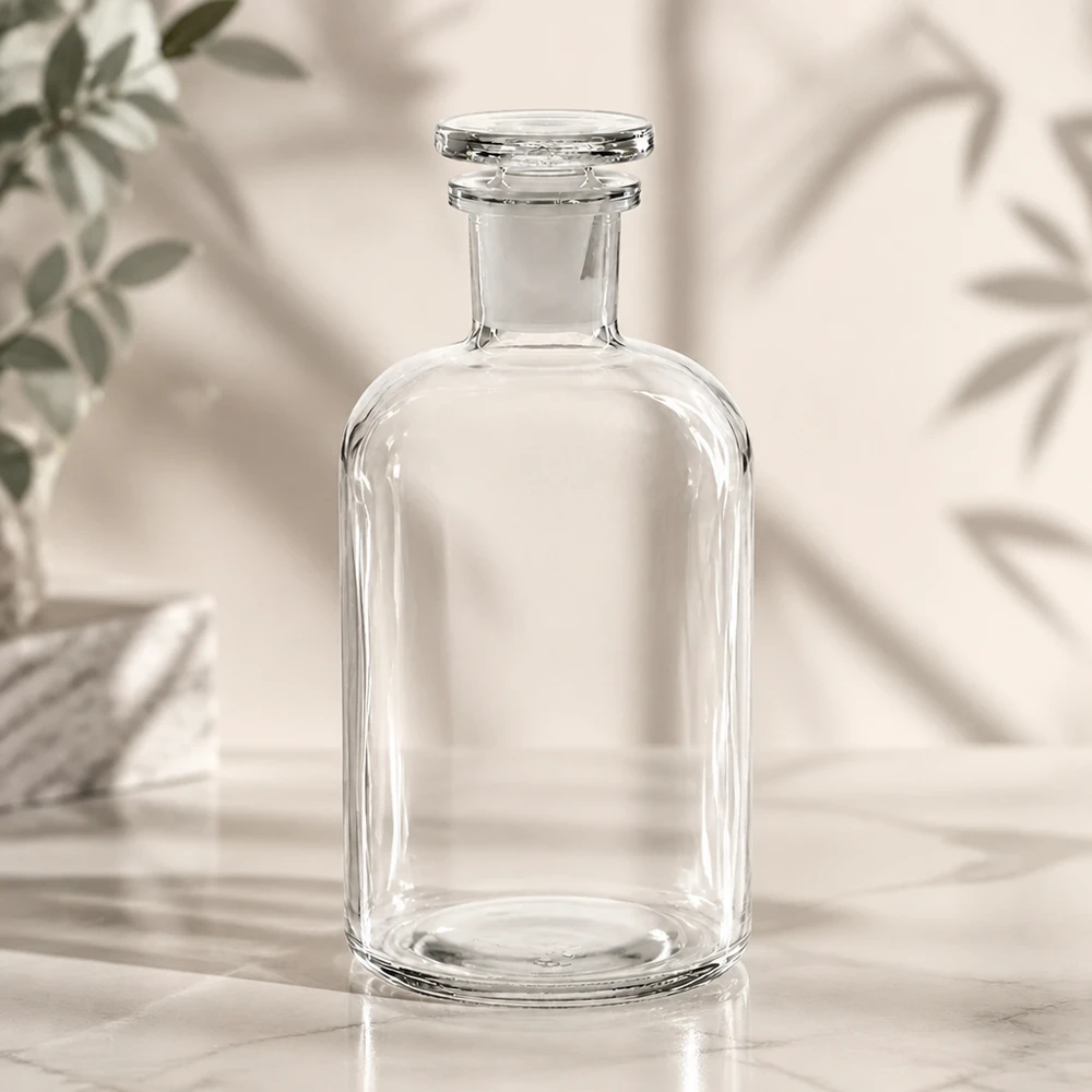 Rundschulterflasche 500ml klar Enghals mit Glasstopfen aus Klarglas für gewerblichen Einsatz