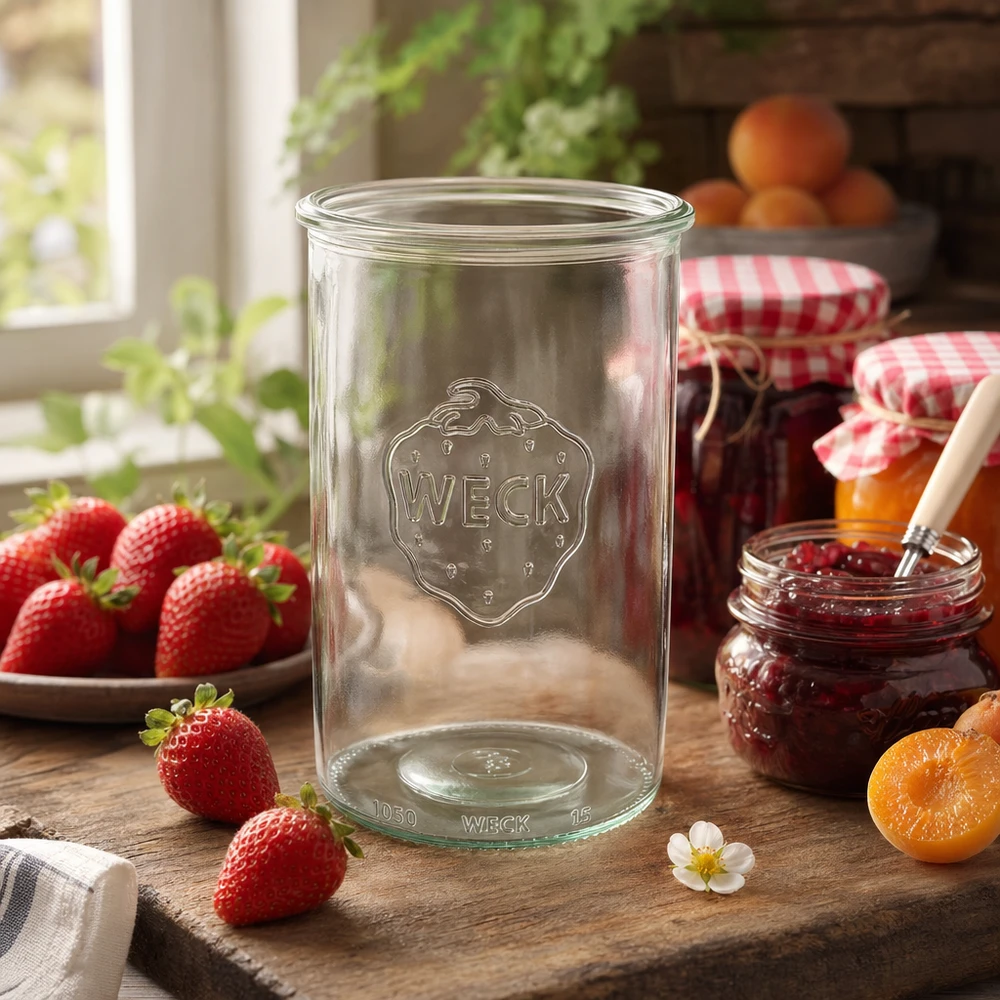 1000ml WECK Sturzglas RR100 Einmachglas auf Holztisch mit frischen Erdbeeren und selbstgemachter Marmelade