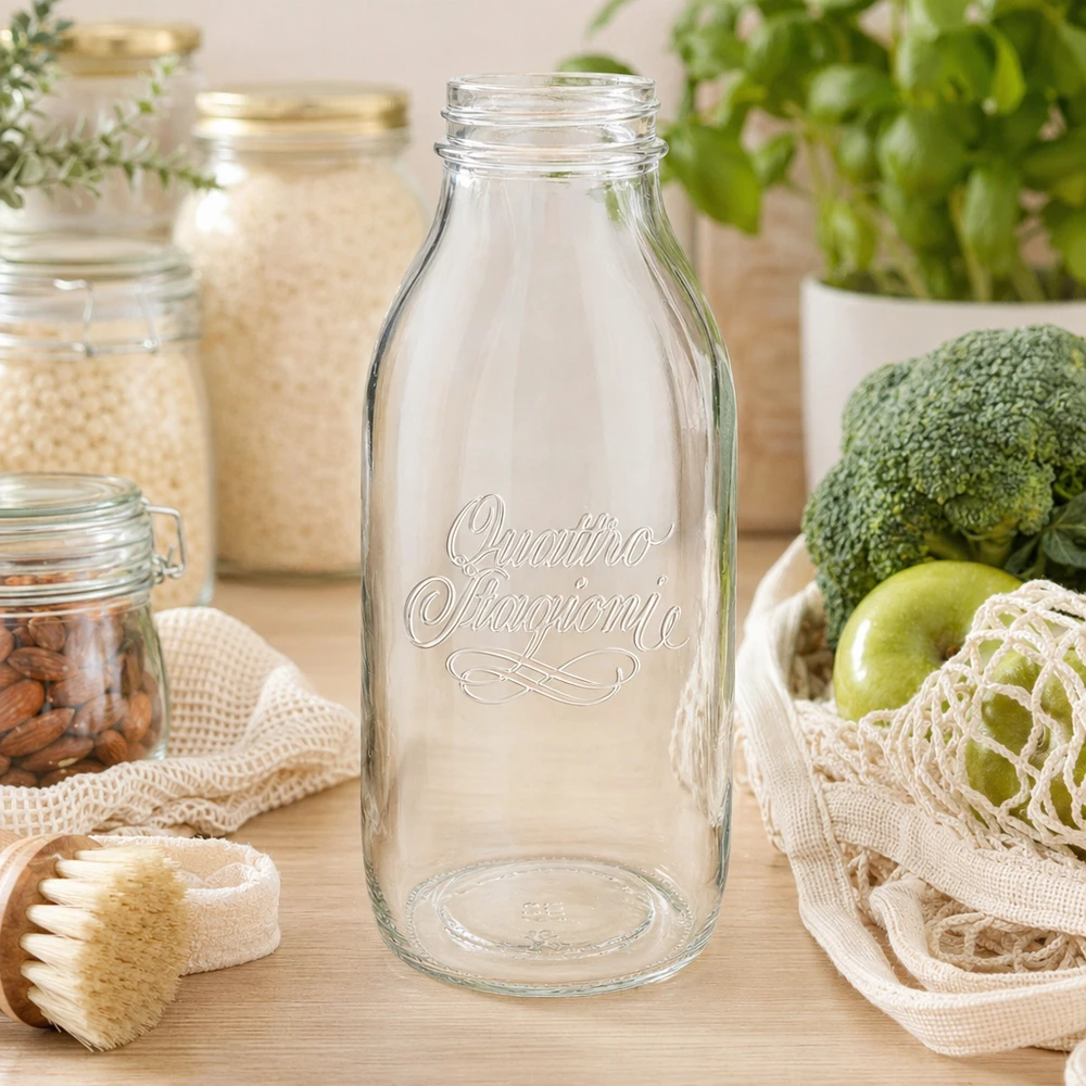 1000ml Glasflasche "Quattro Stagioni" QS56mm 1000ml Quattro Stagioni Weithalsflasche aus Glas mit gravierter Schrift auf Holztisch neben frischen Lebensmitteln