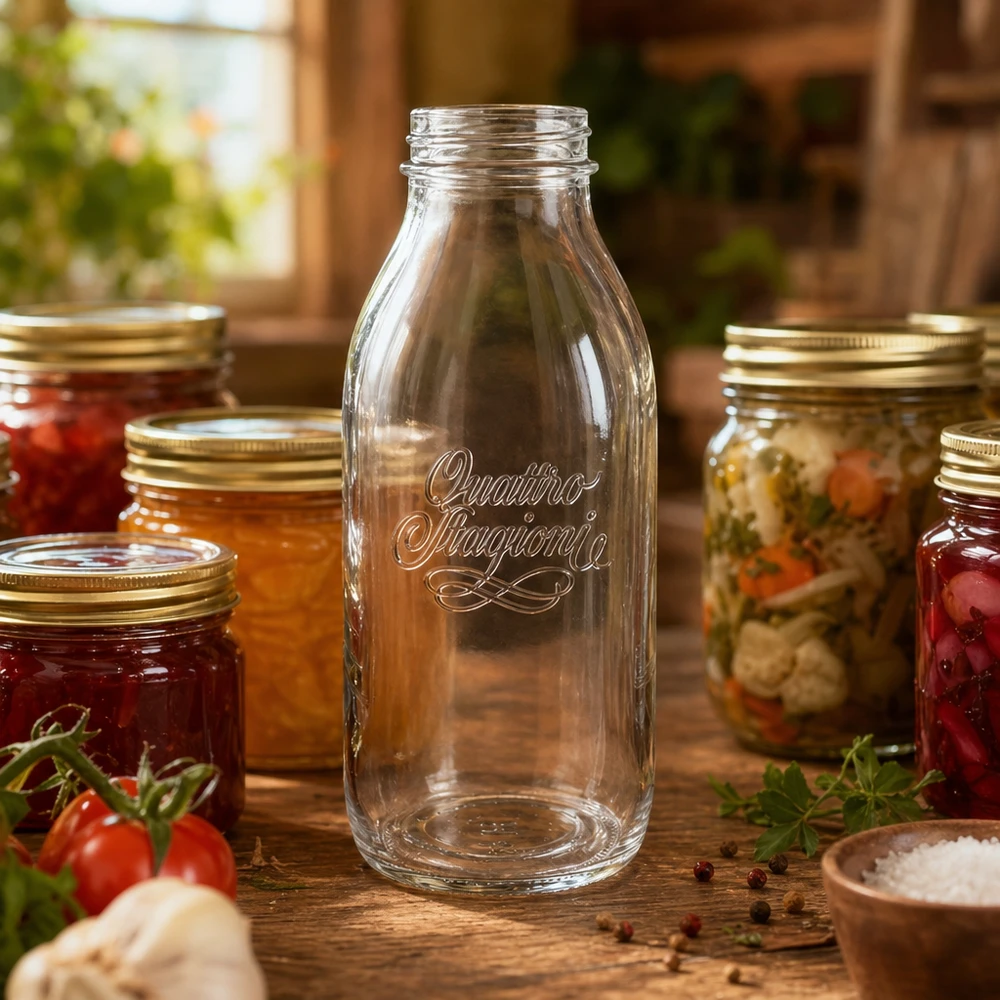 1000ml Glasflasche "Quattro Stagioni" QS56mm 1000ml Weithalsflasche Quattro Stagioni aus Glas zum Einkochen und Konservieren von Lebensmitteln auf Holztisch