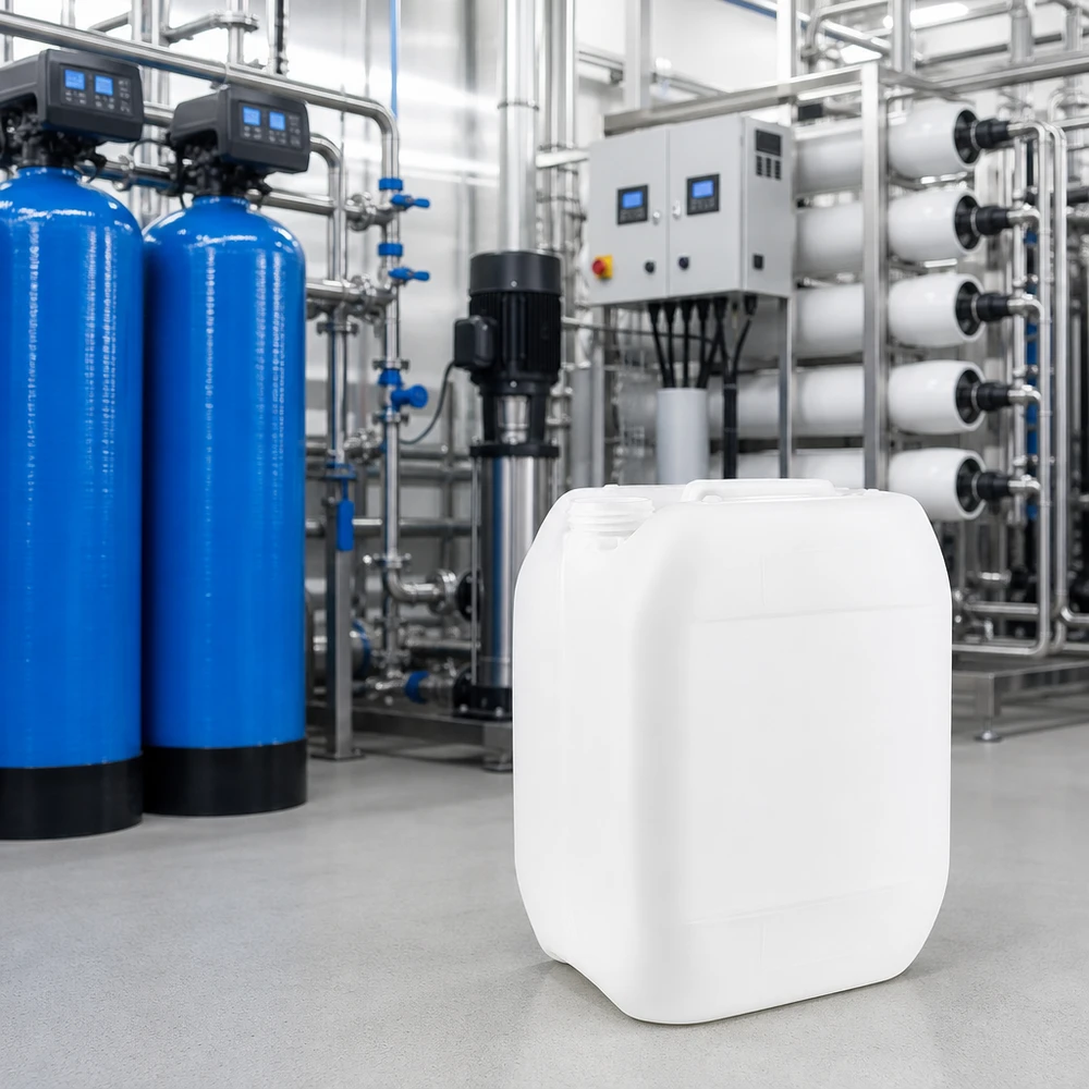 Weißer 10-Liter-Kunststoffkanister ohne Verschluss vor industrieller Wasseraufbereitungsanlage