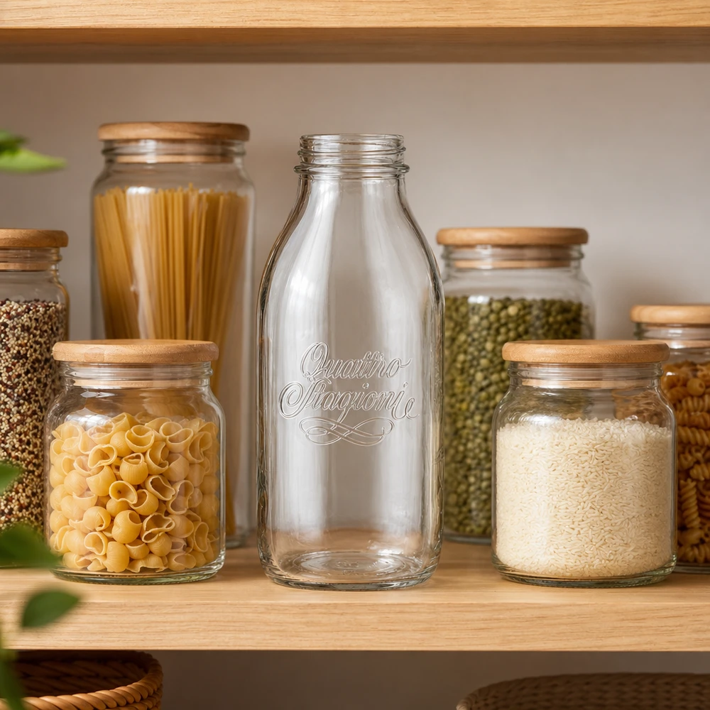 1000ml Glasflasche "Quattro Stagioni" QS56mm 1000ml Weithalsflasche Quattro Stagioni aus Glas mit Holzdeckel zwischen Vorratsgläsern mit Pasta und Reis im Regal