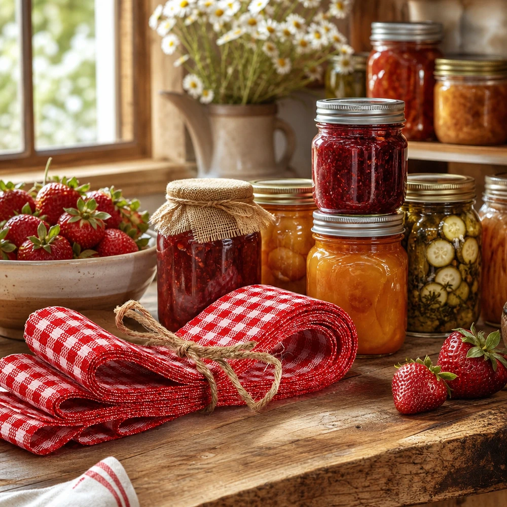 Stoffband rot/weiss zum Dekorieren 300cm Rot-weißes Karostoffband 300cm dekorativ arrangiert mit Einmachgläsern und Erdbeeren in rustikaler Küche