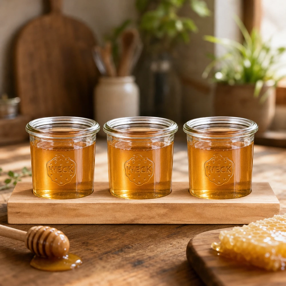 Honig in WECK Sturzgläsern 140ml auf Holz-Servierbrett mit Honiglöffel und Waben natürlich präsentiert