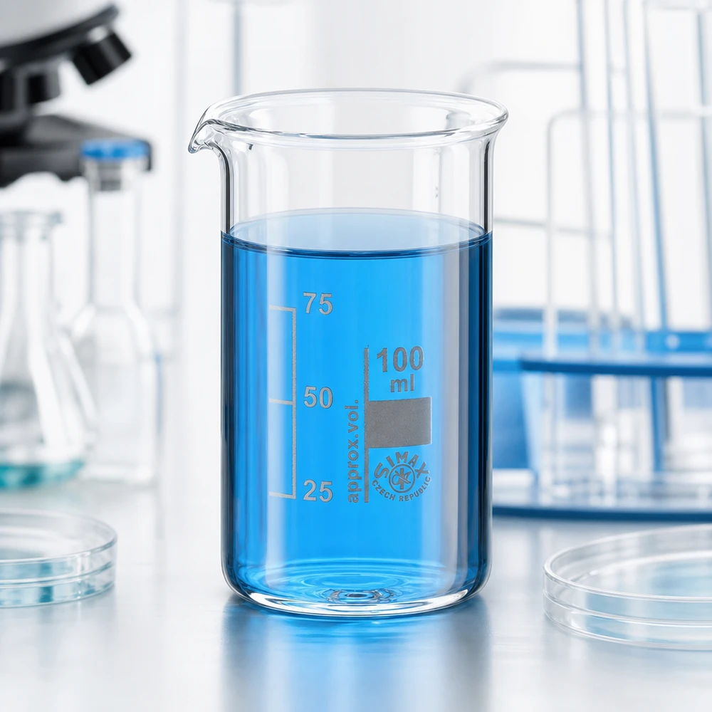 Becherglas 100 ml hohe Form aus Borosilikatglas mit blauer Flüssigkeit im Labor von Simax