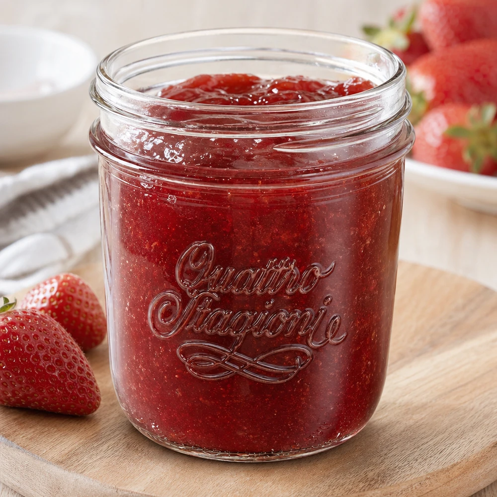 320ml Sturzglas Quattro Stagioni mit Erdbeermarmelade gefüllt, QS86mm Gewinde für professionelle Konservierung