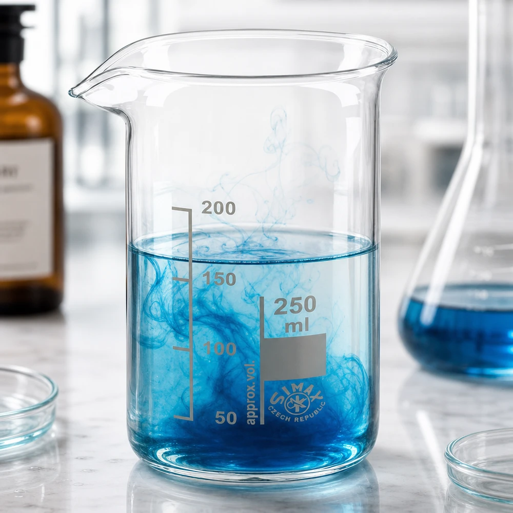 Becherglas 250ml Borosilikatglas, hohe Form Becherglas 250 ml hohe Form aus Borosilikatglas mit blauer Lösung im Laboreinsatz von Pacadura.de