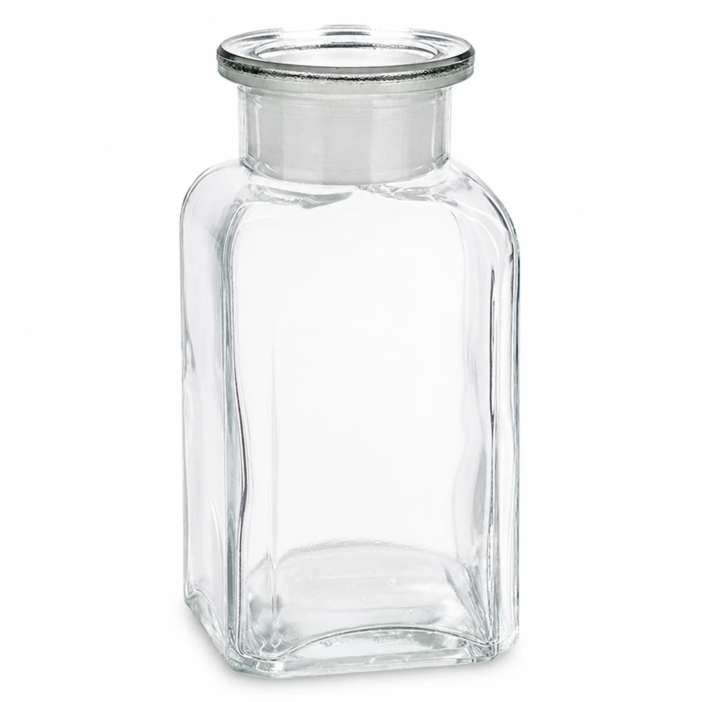 Vierkantflasche 100ml Klarglas Weithals mit Glasstopfen für gewerbliche Nutzung bei Pacadura