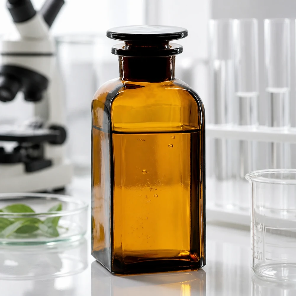 Vierkantflasche 350ml Braunglas Weithals mit Glasstopfen für Labor und Pharmaindustrie