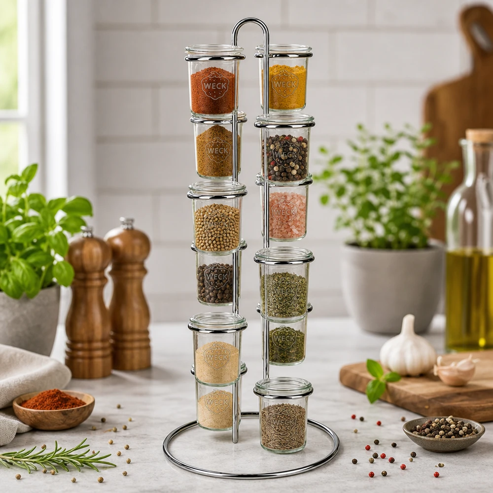 Serviergestell Vertico12 für 12 WECK Sturzgläser Gewürzregal Vertico12 mit spiralförmiger Anordnung der 12 WECK Sturzgläser zeigt optimale Raumnutzung für Gastronomie
