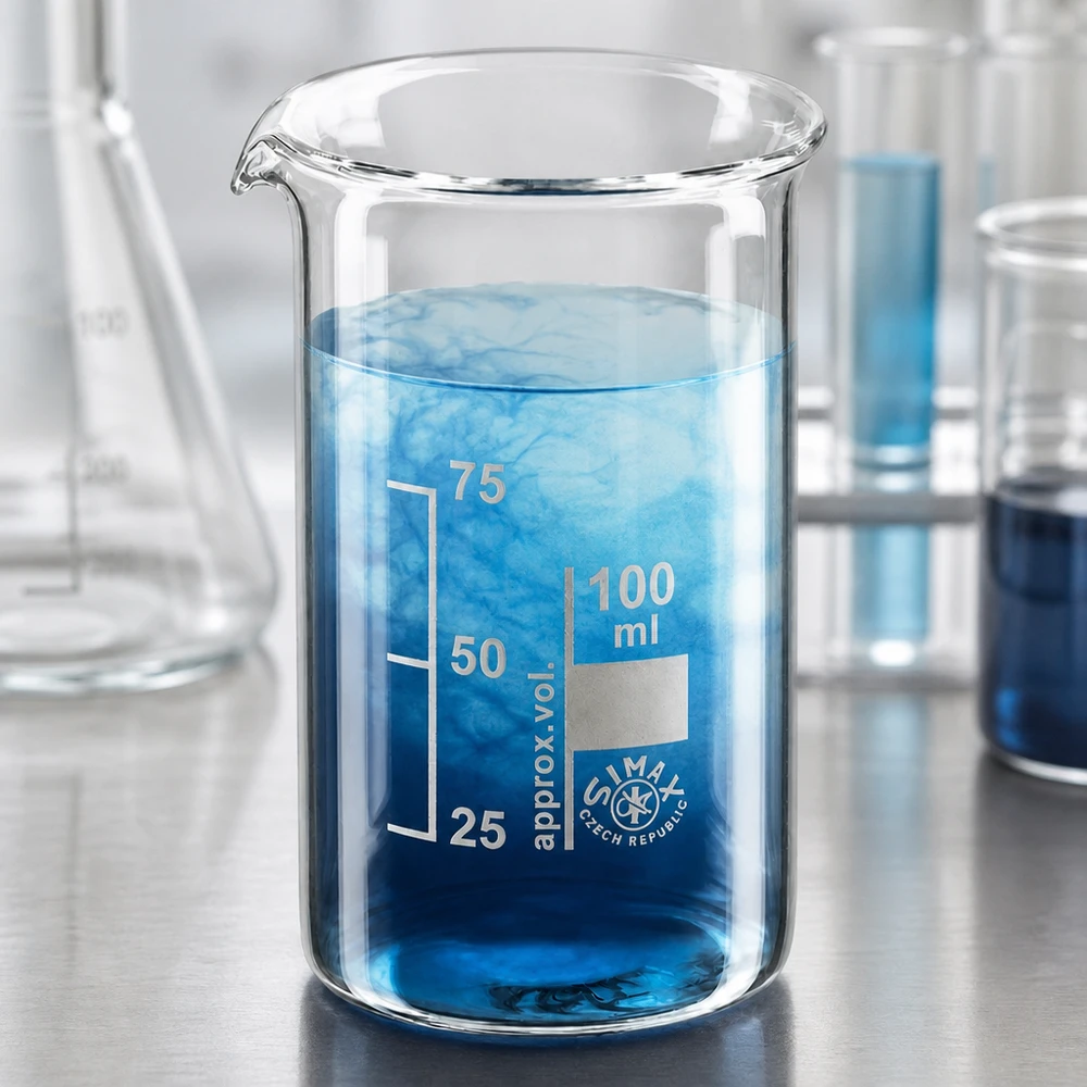 Becherglas 100 ml hohe Form aus Borosilikatglas mit blauer Lösung im Labor von Simax