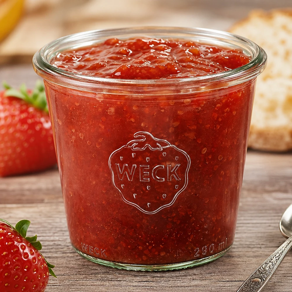 WECK RR80 Sturzglas 290ml hoch mit Erdbeermarmelade gefüllt neben frischen Erdbeeren auf Holztisch