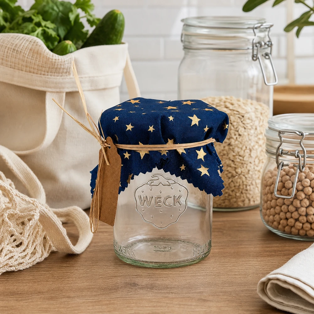 Blaues Schmuckdeckchen mit goldenen Sternen auf Weck-Glas in rustikaler Küchenszene mit Vorratsgläsern und Textilien