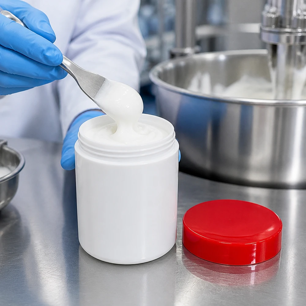 Salbenkruke 800g weiß PP mit rotem Schraubdeckel für professionelle Abfüllung im Labor