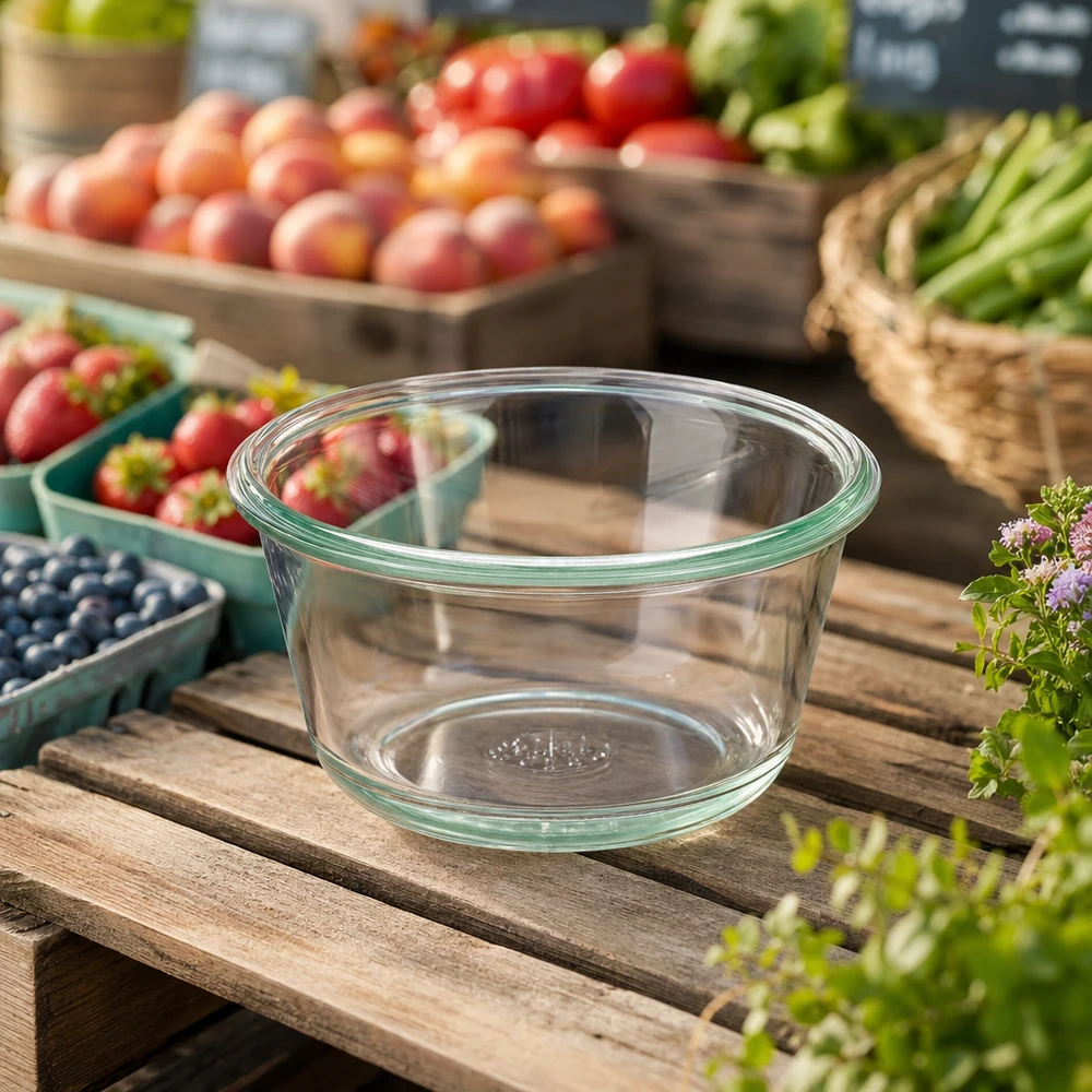 WECK RR100 290ml Gourmetglas leer auf Holztisch mit frischem Obst und Gemüse im Hintergrund für Einmachen