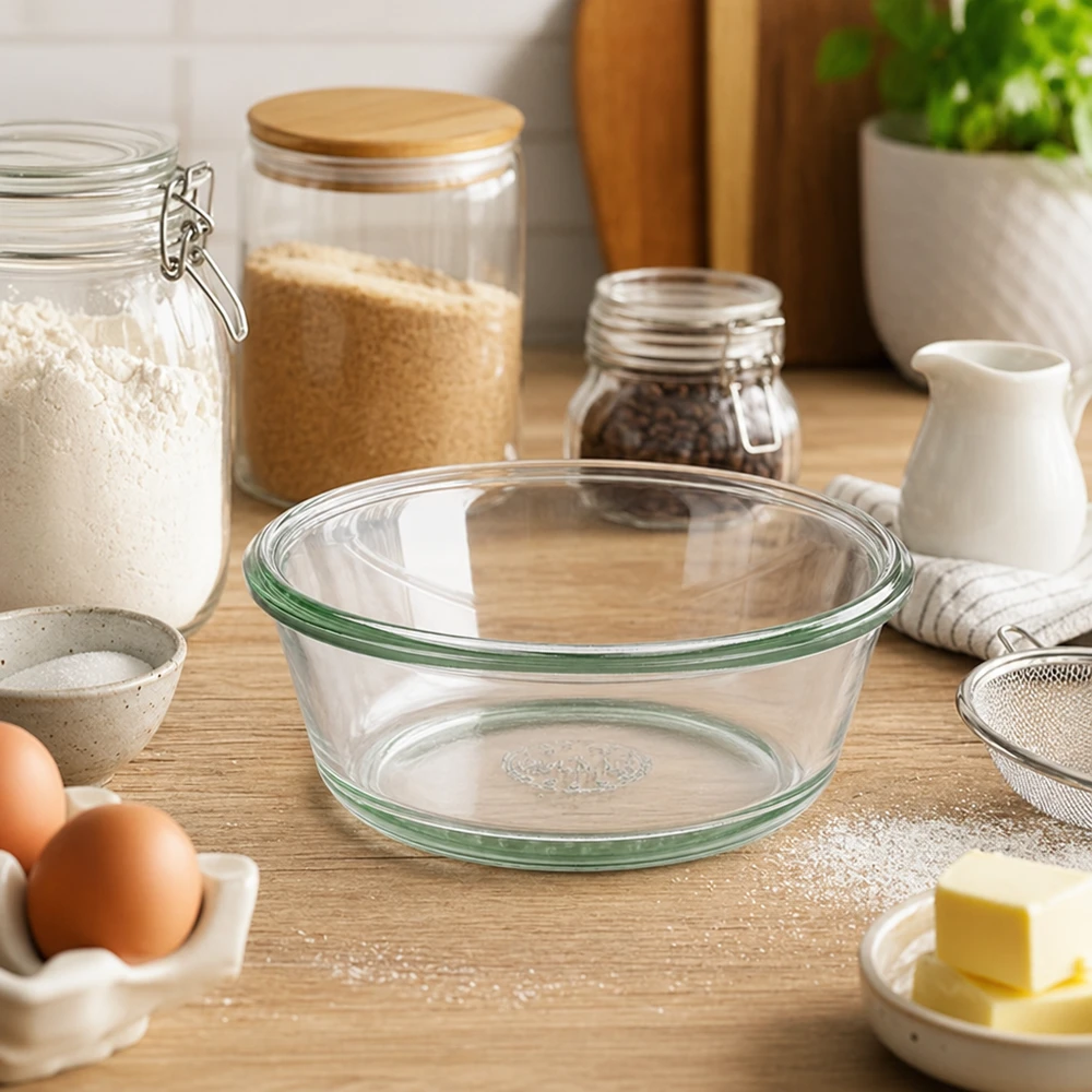 WECK RR120 Gourmetglas 300ml als Backschale in Küche mit Mehl Eiern Butter zeigt Verwendung beim Backen