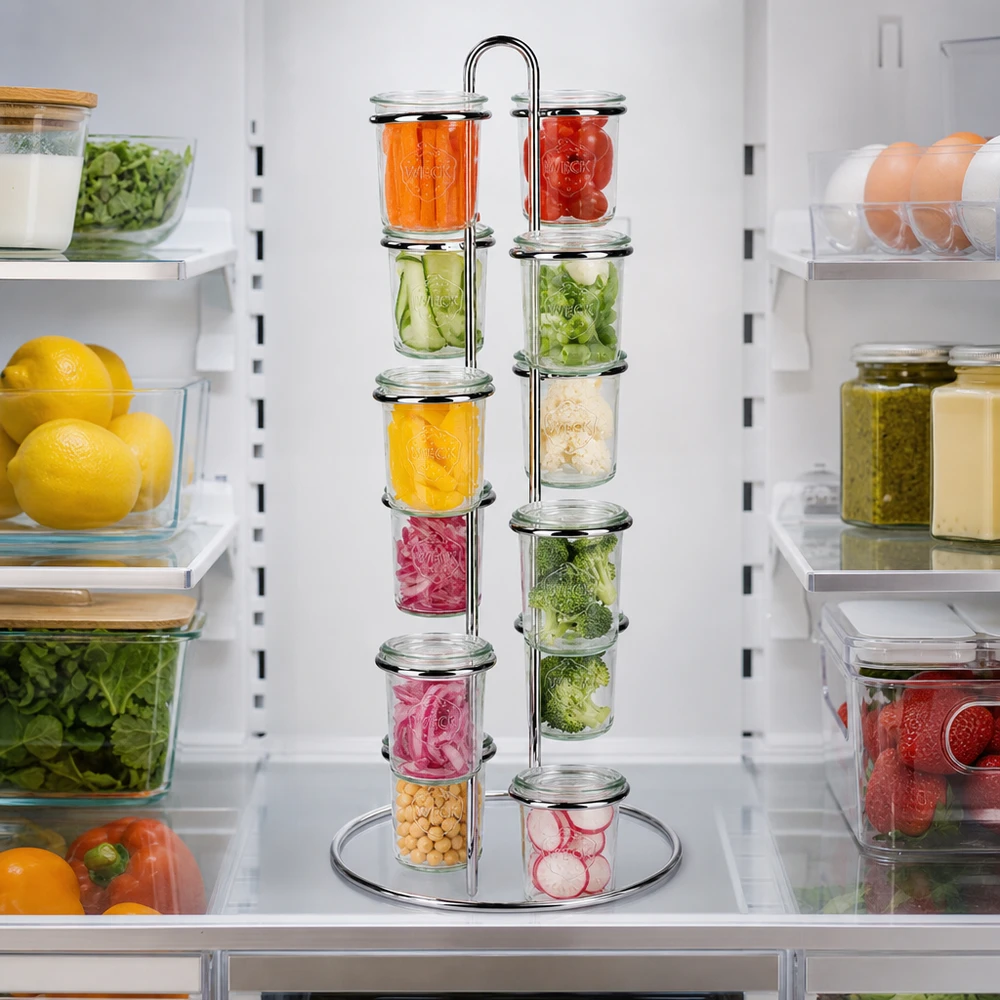 Kühlschrank-Organisation mit Vertico12 Serviergestell für 12 WECK Gläser zeigt professionelle Meal-Prep Lagerung