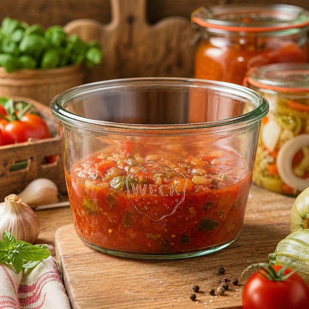 WECK Sturzglas 370ml RR100 mit Tomatensauce gefüllt auf Holztisch neben frischen Tomaten und Kräutern