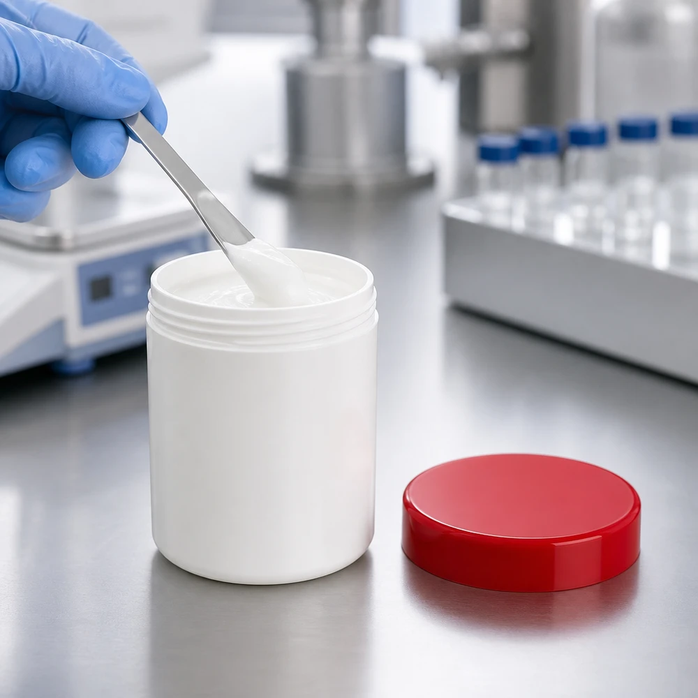 Salbenkruke 100g weiß mit rotem Schraubdeckel (Polypropylen) Salbenkruke 100g weiß PP-Kunststoff mit rotem Schraubdeckel für pharmazeutische und kosmetische Anwendungen