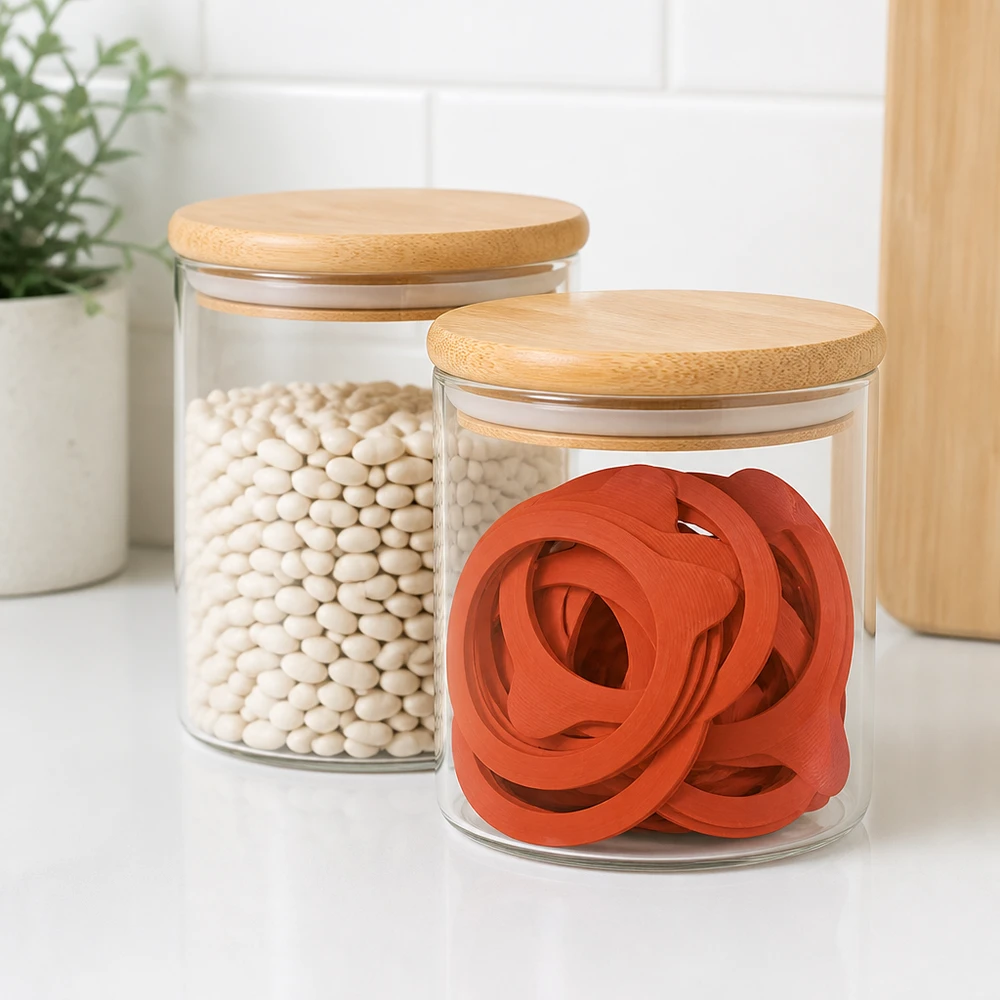 Einkochring Naturgummi RR100 Einkochringe RR100 Naturgummi rot in Vorratsglas mit Bambusdeckel neben weißen Bohnen professionelle Küchenorganisation