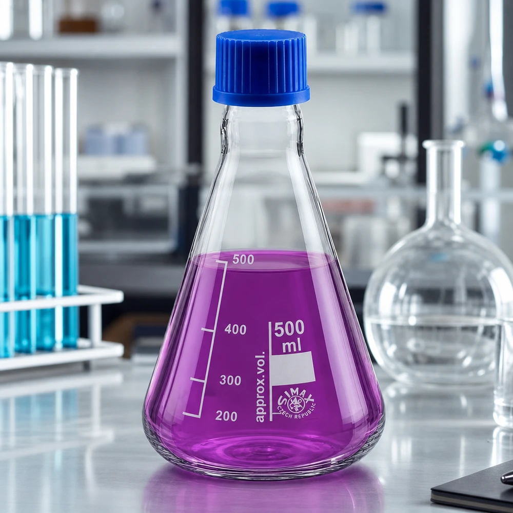 Erlenmeyerkolben 500ml Glas mit blauer Schraubkappe für professionelle Laboranwendungen bei Pacadura