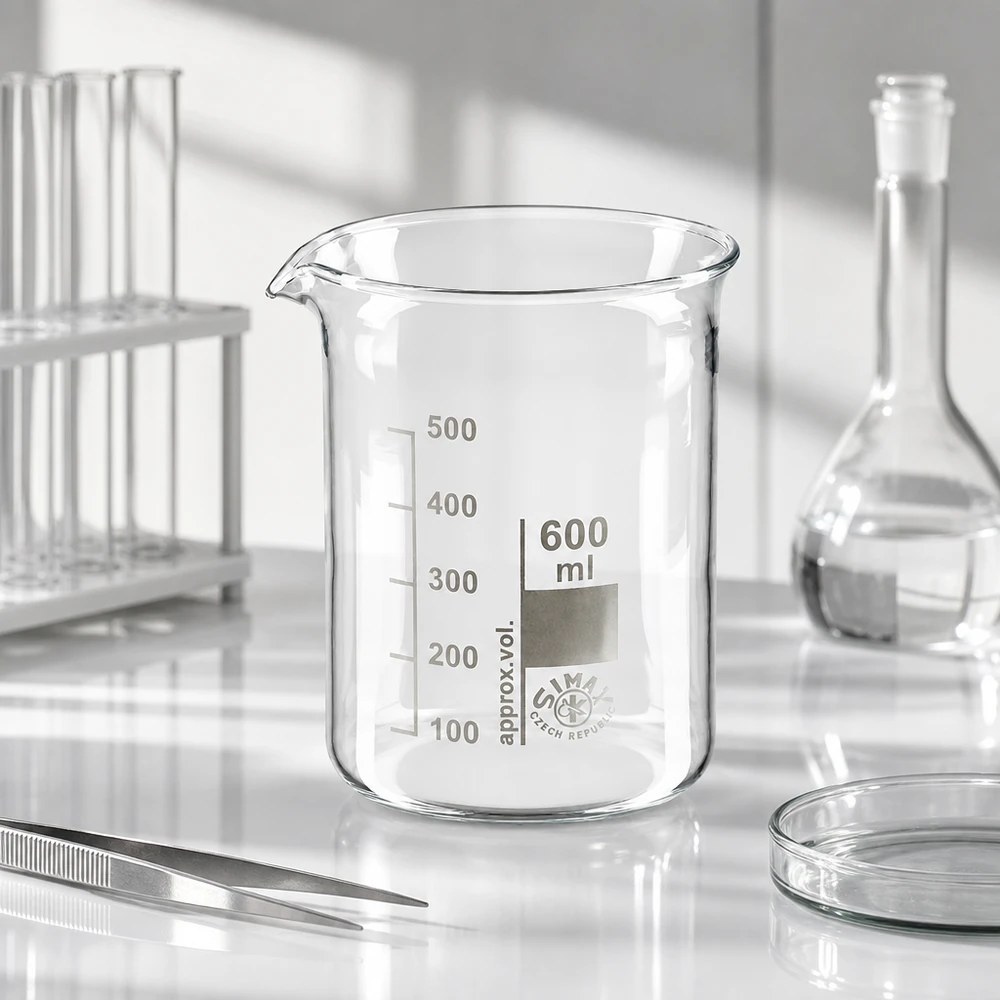 Becherglas 600ml Borosilikatglas, niedrige Form Becherglas 600ml Borosilikatglas niedrige Form für Labor und Industrie auf weißer Oberfläche mit Laborgeräten im Hinterg
