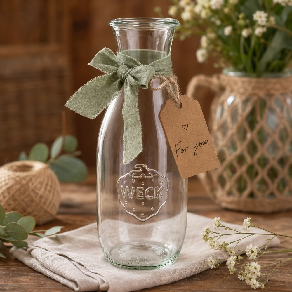 1062ml Saftflasche WECK RR60 WECK Saftflasche 1062ml RR60 dekorativ mit grüner Schleife und Geschenkanhänger For you zwischen Blumen