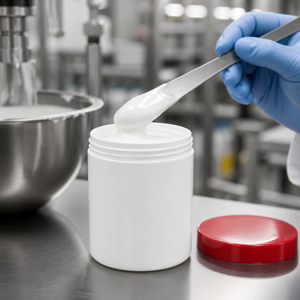 Salbenkruke 50g weiß mit rotem Schraubdeckel (Polypropylen) Salbenkruke 50g weiß PP-Kunststoff mit rotem Schraubdeckel zur professionellen Abfüllung von Cremes