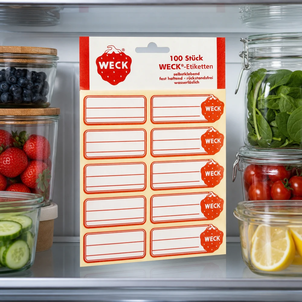 WECK Etiketten 100er Pack in geöffnetem Kühlschrank zwischen Vorratsgläsern mit Obst Gemüse Kräutern professionell