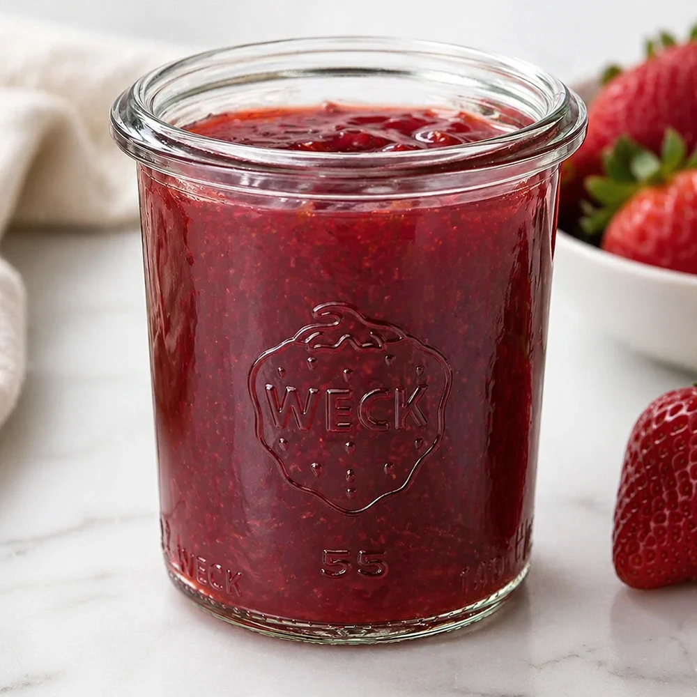 WECK Sturzglas 140ml RR60 mit roter Erdbeermarmelade gefüllt neben frischen Erdbeeren auf weißer Oberfläche