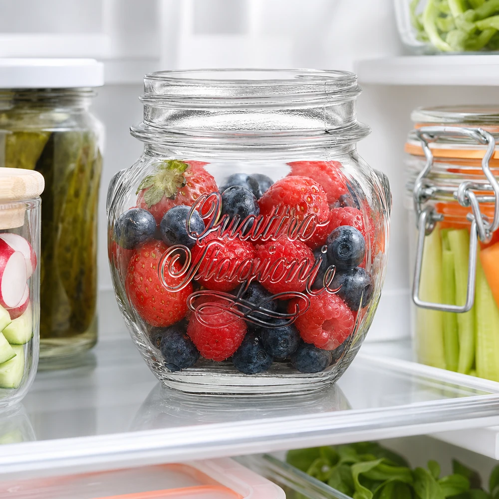 300ml Rundglas "Quattro Stagioni" QS70mm 300ml Quattro Stagioni Haushaltsglas mit frischen Beeren im Kühlschrank für Lebensmittel Aufbewahrung und Meal Prep