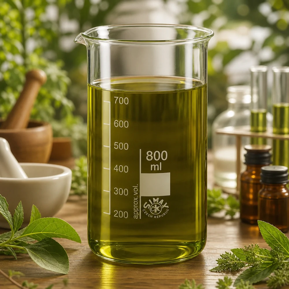 Becherglas 800ml Borosilikatglas hohe Form mit grüner Flüssigkeit im Labor Profi-Laborglas Pacadura