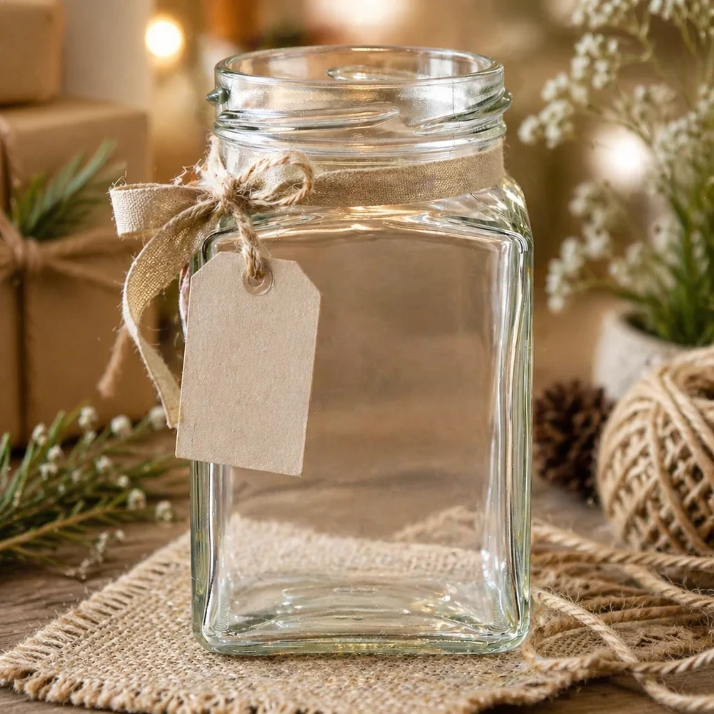 UNiTWIST Tetra260 4-Eckglas 260ml TO58 Einmachglas mit Schleifenband und Anhänger rustikal dekoriert