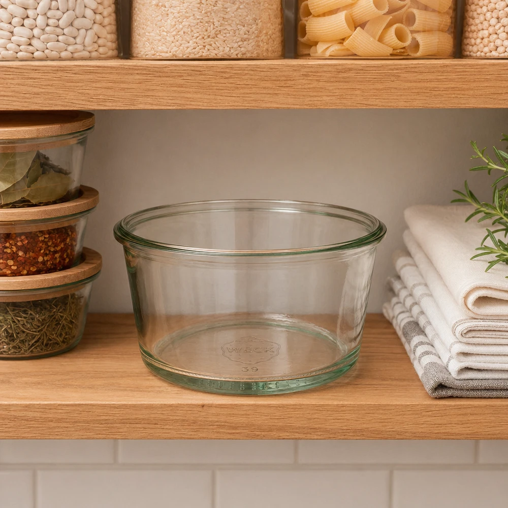 WECK Gourmetglas RR80 165ml in Küchenpantry zwischen Vorratsdosen und Gewürzgläsern auf Holzregal als Aufbewahrung