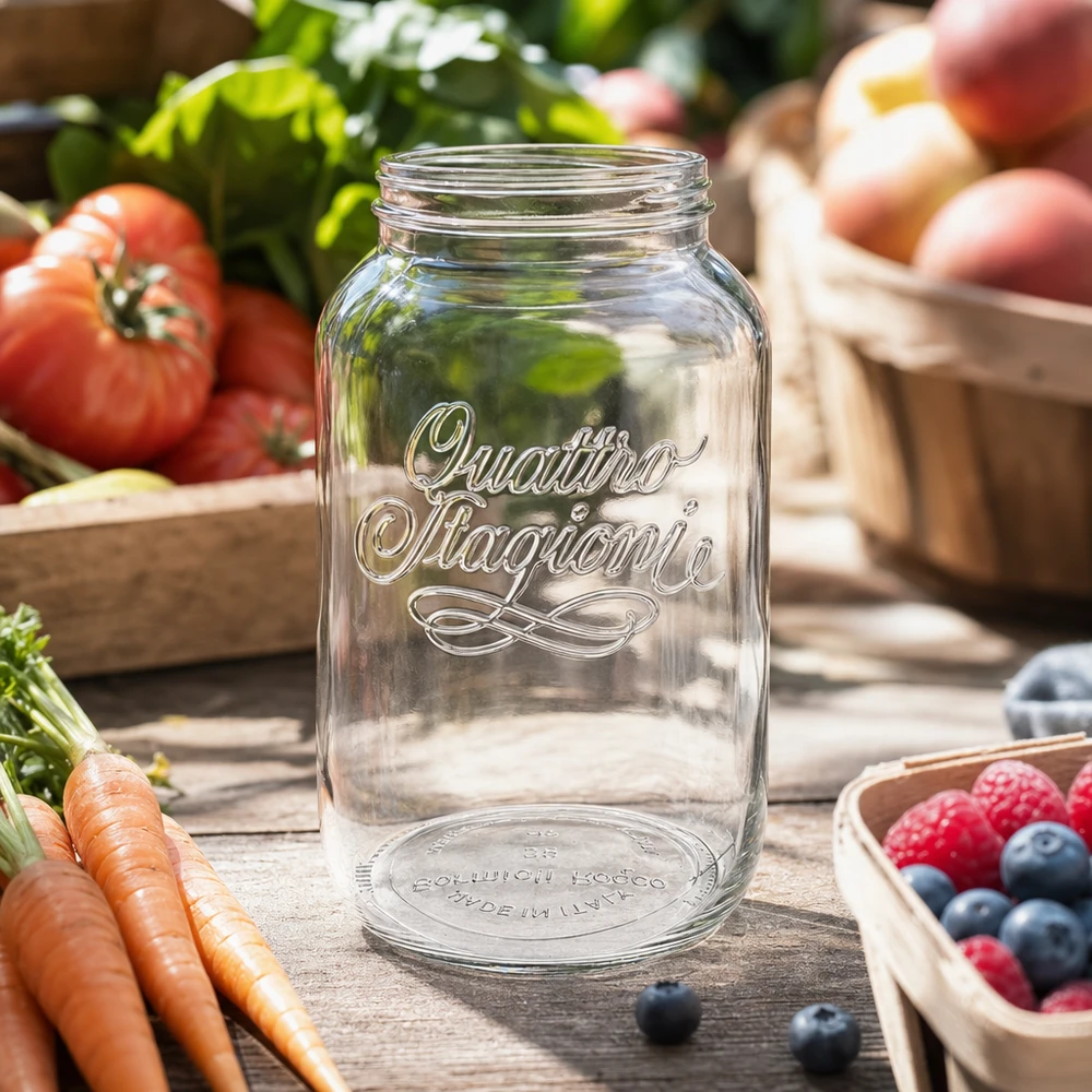 3800ml Rundglas "Quattro Stagioni" QS110mm 3800ml Quattro Stagioni Haushaltsglas Einmachglas transparent mit Schriftzug umgeben von frischem Gemüse und Obst