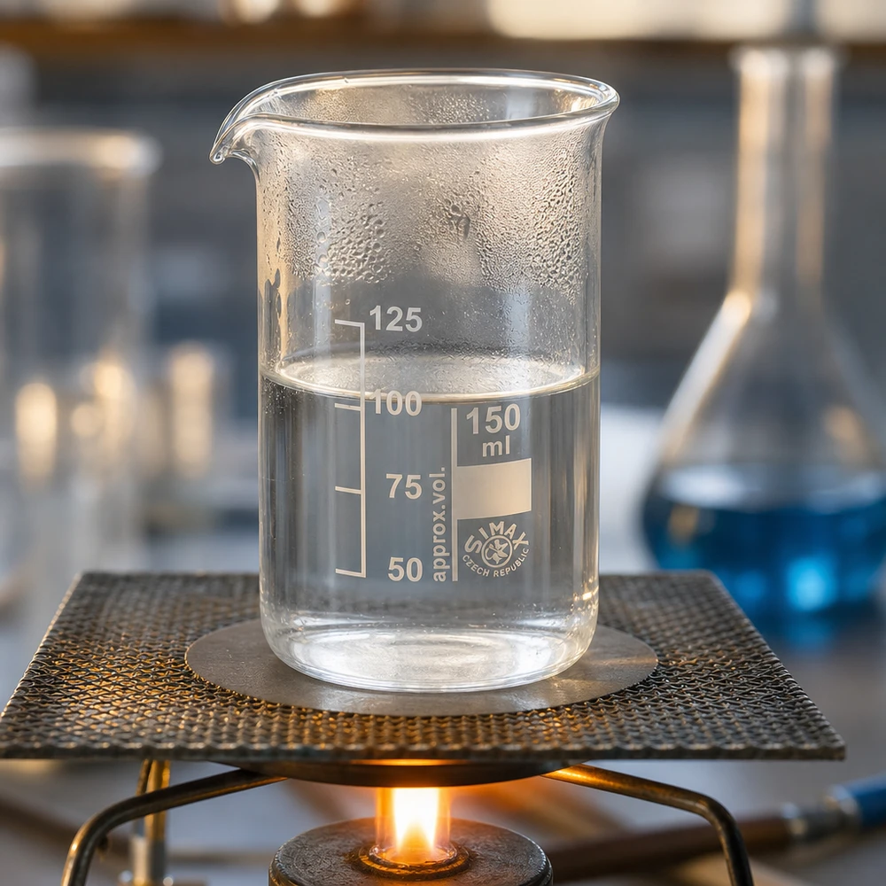 Becherglas 150ml hohe Form aus Borosilikatglas auf Dreifuß mit Brenner im Labor