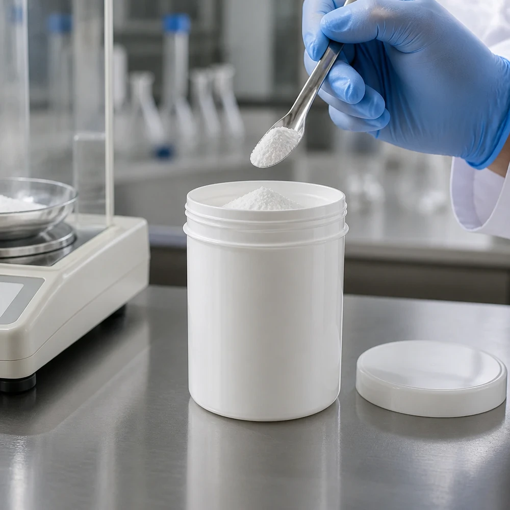 Salbenkruke 200g weiß mit weißem Schraubdeckel (Polypropylen) Weiße PP-Salbenkruke 200g mit Schraubdeckel für professionelle pharmazeutische Abfüllung im Labor