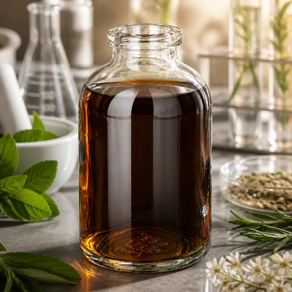 Injektionsflasche Klarglas 50ml für professionellen Laboreinsatz mit Kräuterextrakt befüllt