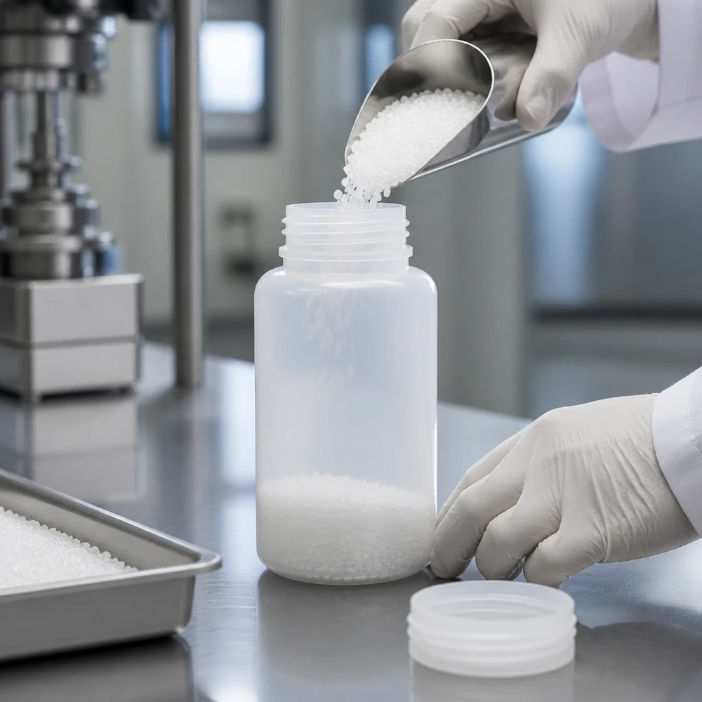 1000ml Laborflasche Weithals ohne Verschluss 1000ml Weithals-Laborflasche aus HDPE für professionellen Laboreinsatz beim Abfüllen von Granulat