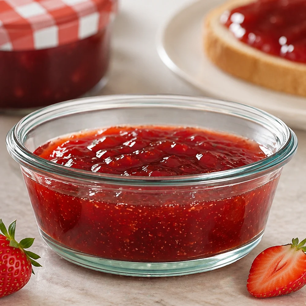 300ml Gourmetglas WECK RR120 WECK RR120 Gourmetglas 300ml mit roter Marmelade gefüllt zeigt Verwendung als Konfitürenglas mit Erdbeeren