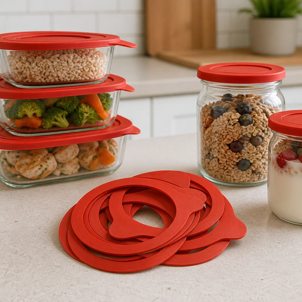 Einkochring Naturgummi RR80 Einkochring RR80 Naturgummi rot mehrere Ringe auf Küchenarbeitsplatte mit Vorratsgläsern Müsli Gemüse Meal Prep