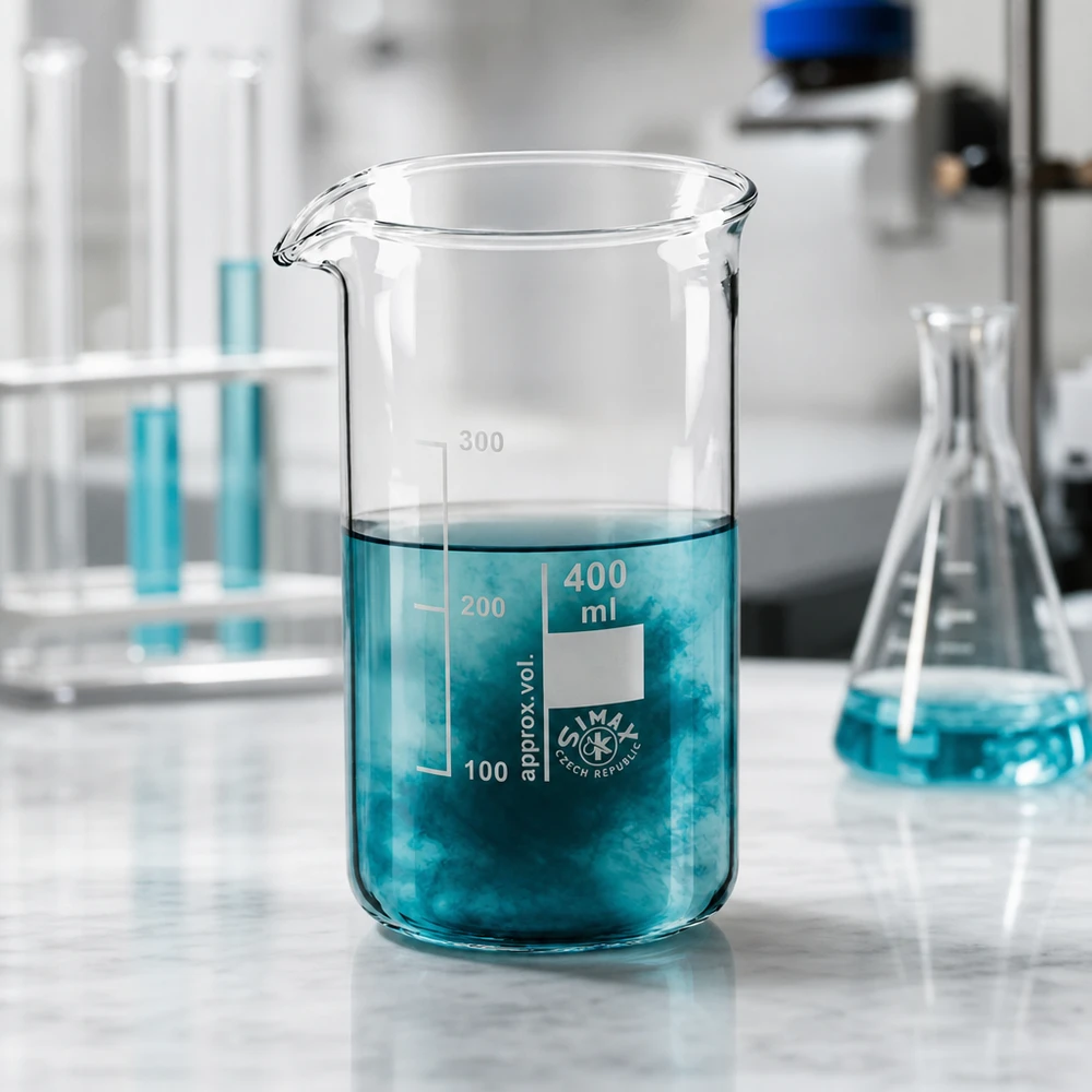 Becherglas 400ml hohe Form aus Borosilikatglas mit blauer Flüssigkeit im Labor Profi-Laborglas Pacadura