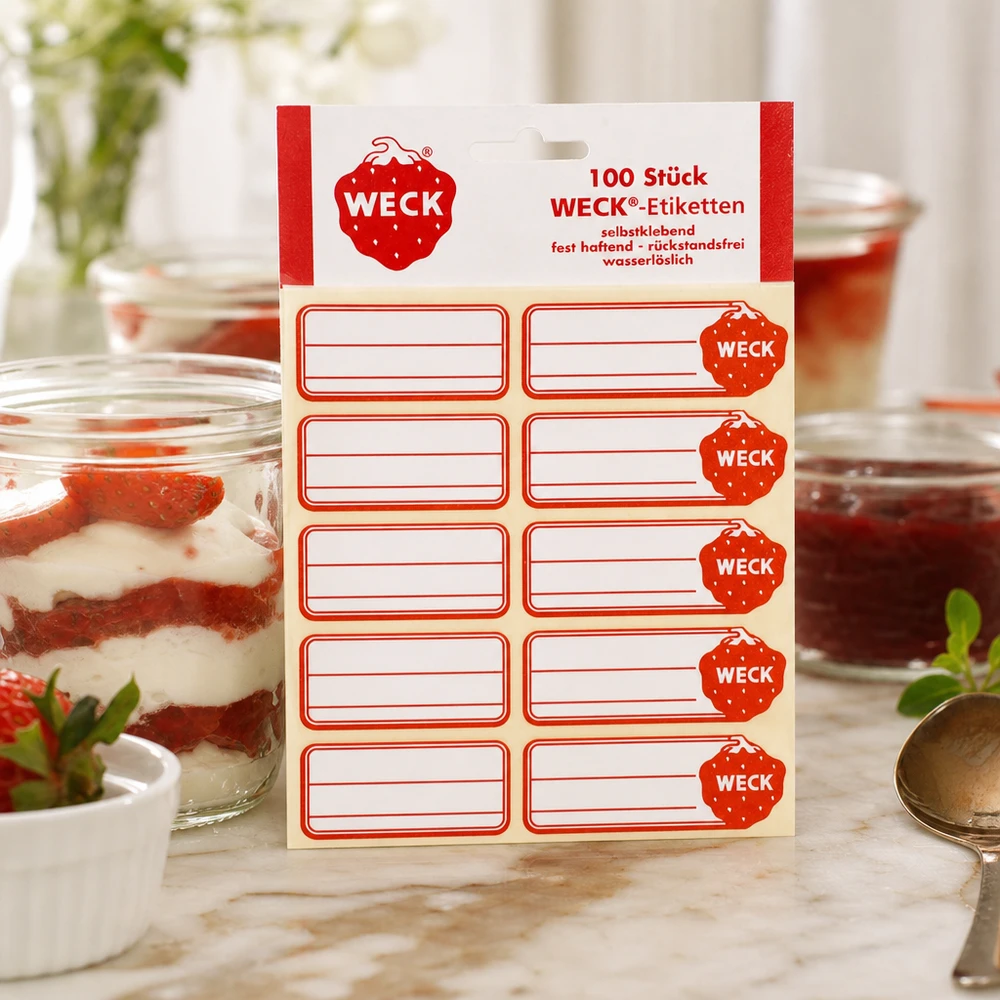 WECK Etiketten 19x13mm (Pack(s) mit 100 Stück) WECK Etiketten 100er Pack rot-weiß selbstklebend auf Küchentheke neben Erdbeerdessert im Glas professionell