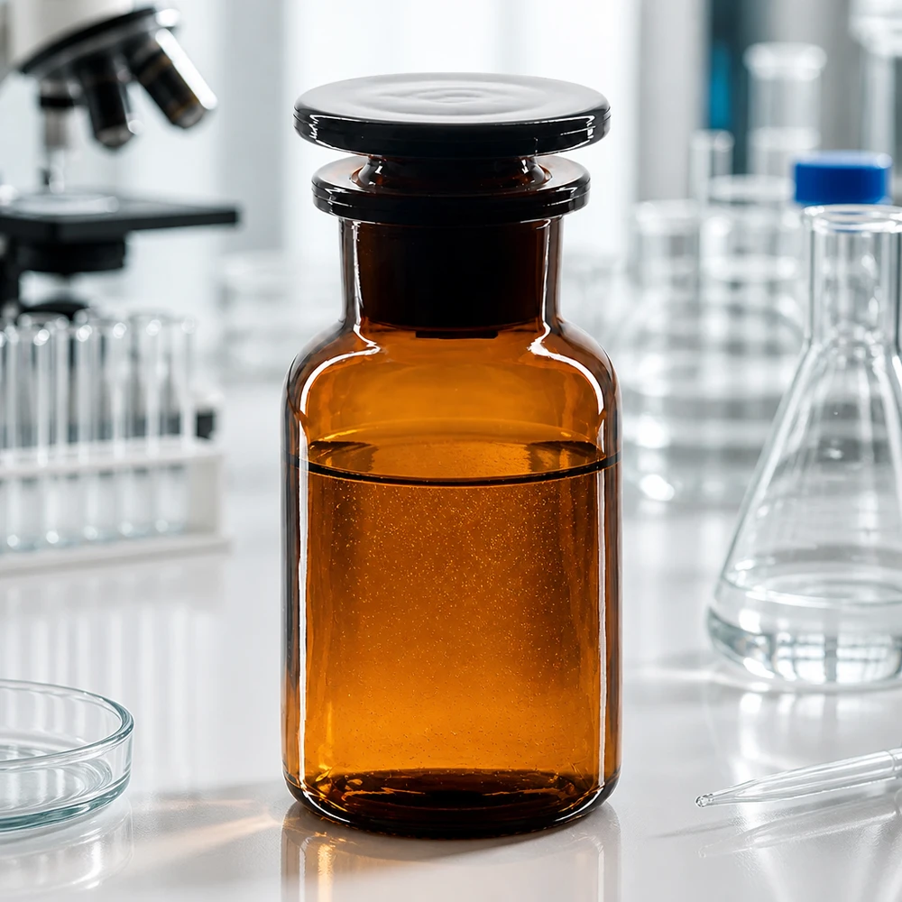 Braune Weithals-Rundschulterflasche 100ml mit Glasstopfen für Labor und Fachhandel