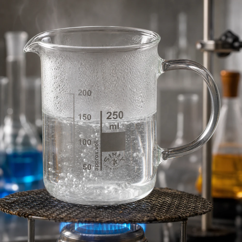 Becherglas 250ml Borosilikatglas, mit Henkel Becherglas 250ml Borosilikatglas mit Henkel auf Bunsenbrenner im Labor erhitzt