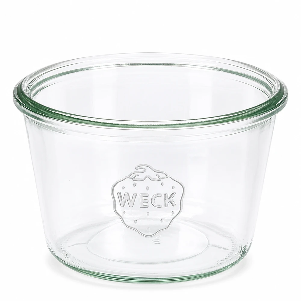 WECK Sturzglas 370ml RR100 transparent mit grünem Rand und WECK Logo geprägt für Einmachen und Konservieren