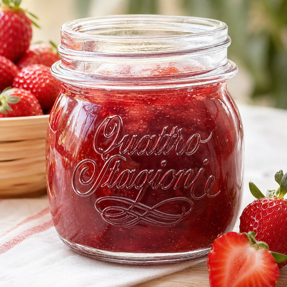 250ml Rundglas "Quattro Stagioni" QS70mm 250ml Quattro Stagioni Haushaltsglas mit Erdbeermarmelade gefüllt neben frischen Erdbeeren auf Holztisch